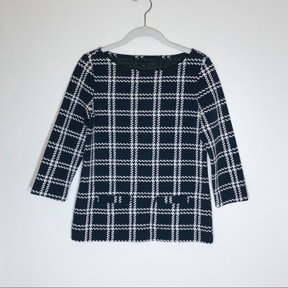 Ann Taylor blouse plaid navy white 3/4 sleeve XS